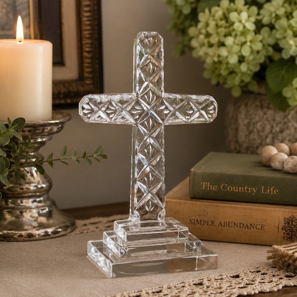 Towle 24% Lead Crystal Cross Figurine Standing Diamond Cut Poland 8.25 Inch